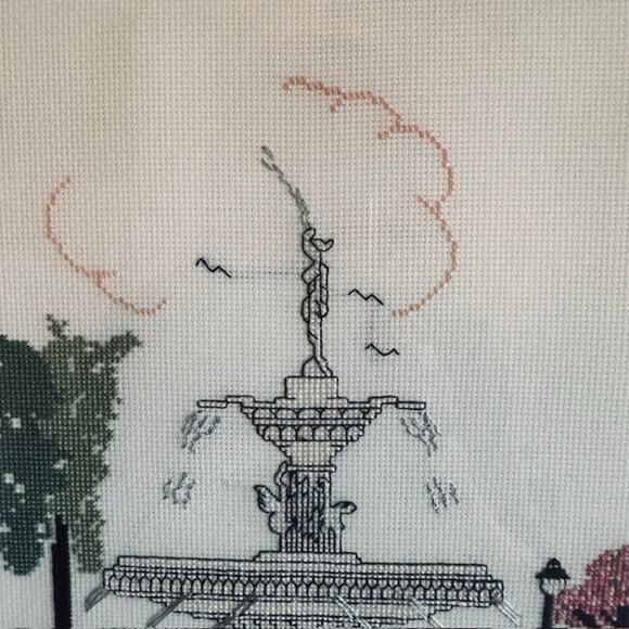 Vintage Needlepoint 16" Wood Framed Artwork, Forsyth Park, Savannah GA Folk Art - Picture 3 of 15